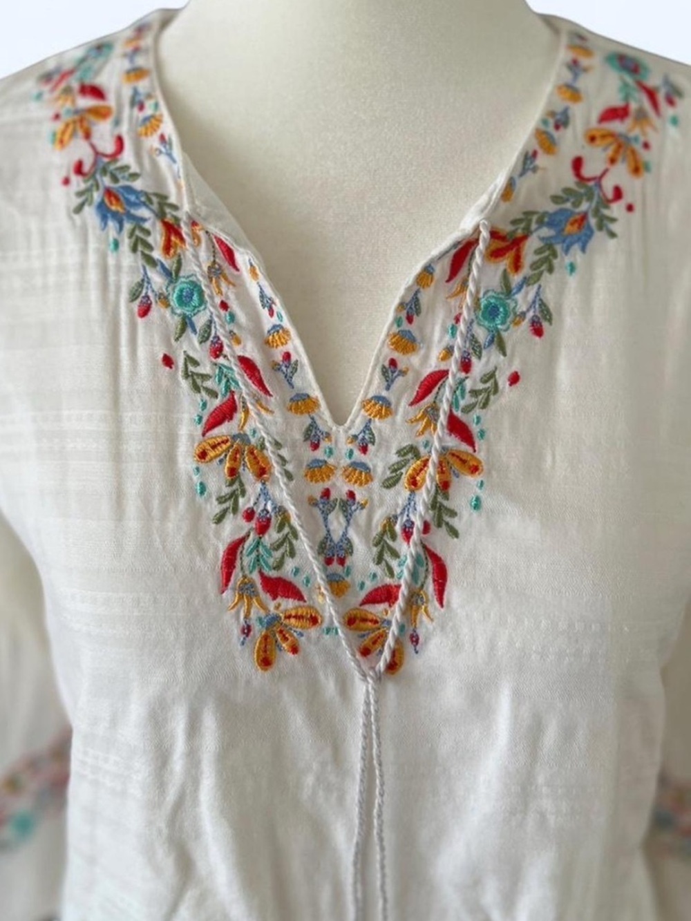 White Cotton Floral Embroidered Peasant Tunic Top Boho Fairycore Tassel Tie - Picture 3 of 9